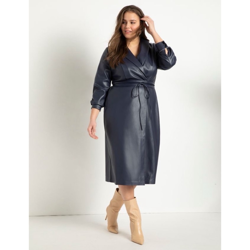 Eloquii Shawl Collar Vegan Leather Navy Wrap Dress Midi Chic Trench Coat - Picture 3 of 8